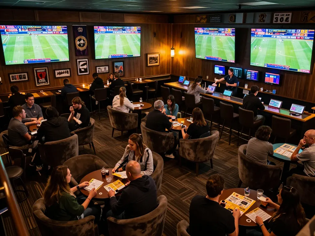 Engaged bettors analyzing kèo nhà cái odds in a vibrant sports betting lounge