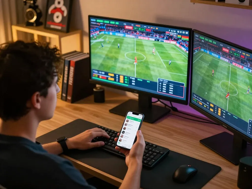 Xoilac user engaging in live sports betting on multiple screens with dynamic match visuals