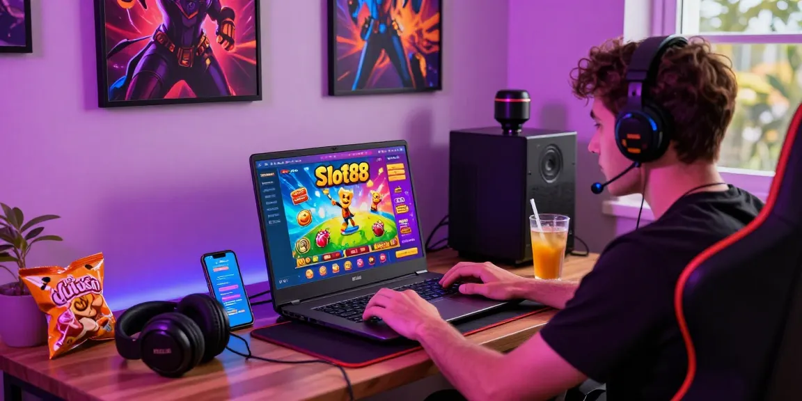 Engaged user exploring JURAGANBOLA platform with vibrant Slot88 graphics at a modern home gaming setup.
