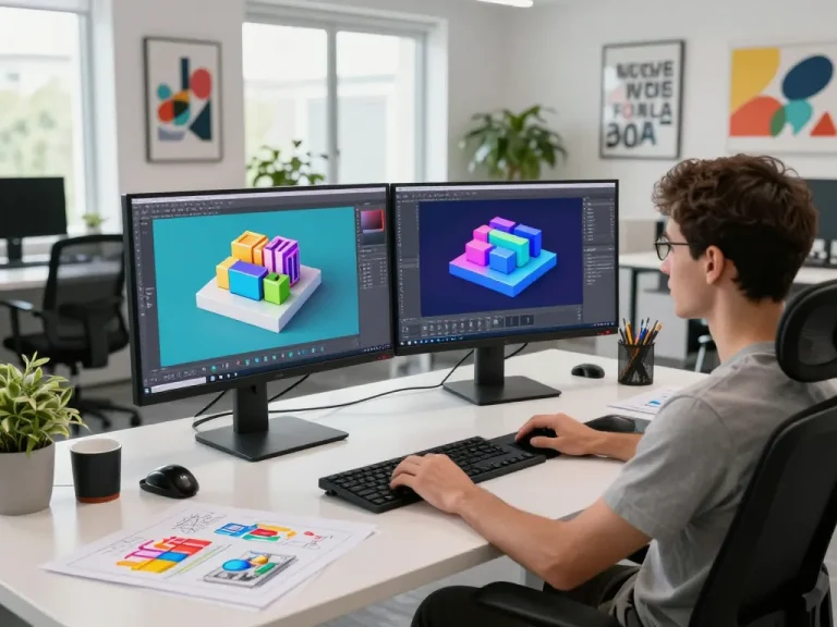 Dynamic workspace with graphic designer utilizing a 3D Model generator to create vibrant 3D renderings.