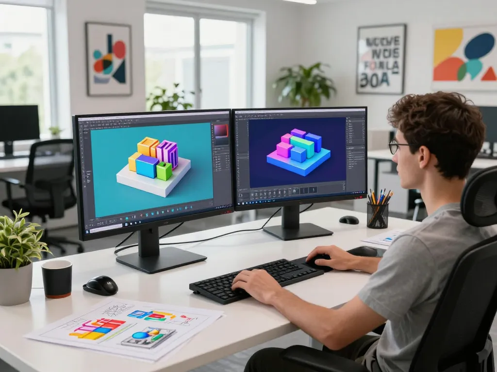 Dynamic workspace with graphic designer utilizing a 3D Model generator to create vibrant 3D renderings.