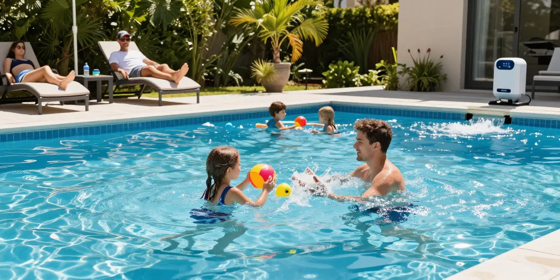 Family enjoying a swim in a pool with the best chlorinator for inground pools, surrounded by greenery and vibrant sunlight.