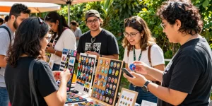 Engaging artisan market scene with acrylic pins on display and happy customers interacting.