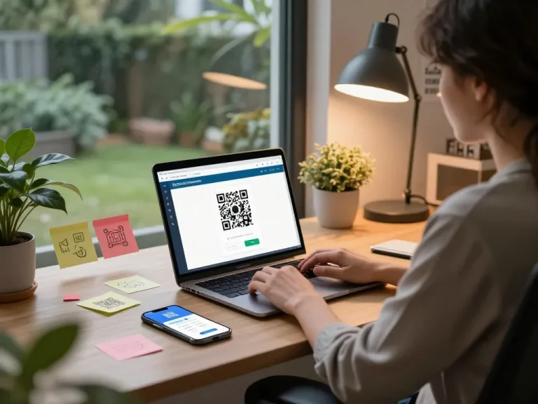 Using a free qr code scanner on a laptop in a modern home office.