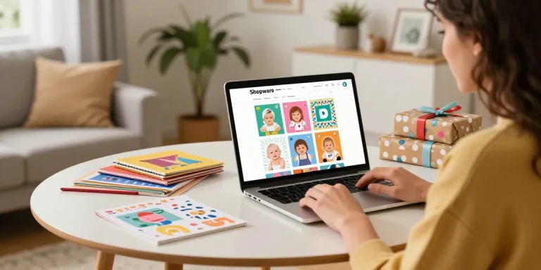 Shopware Shops highlighted in a cozy home shopping scene featuring gift ideas.
