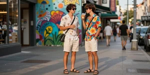 Casual urban fashion scene showcasing stylish summer outfits and fashion tips in vibrant city atmosphere.