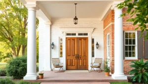Colonial home renovation project with elegant white columns and vibrant landscaping.