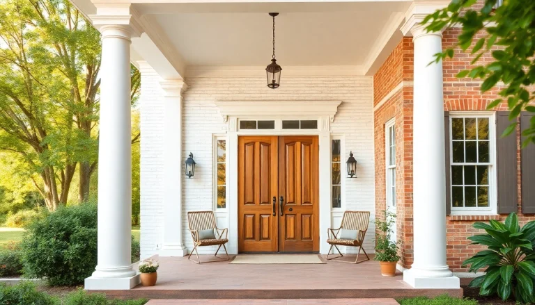 Colonial home renovation project with elegant white columns and vibrant landscaping.