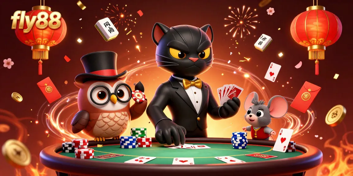 Experience the excitement of poker at fly88 with a stylish black panther dealer amidst a vibrant casino scene.