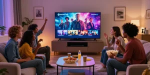 Group of friends enjoying movies on Pikashow APK in a cozy living room with vibrant TV display.