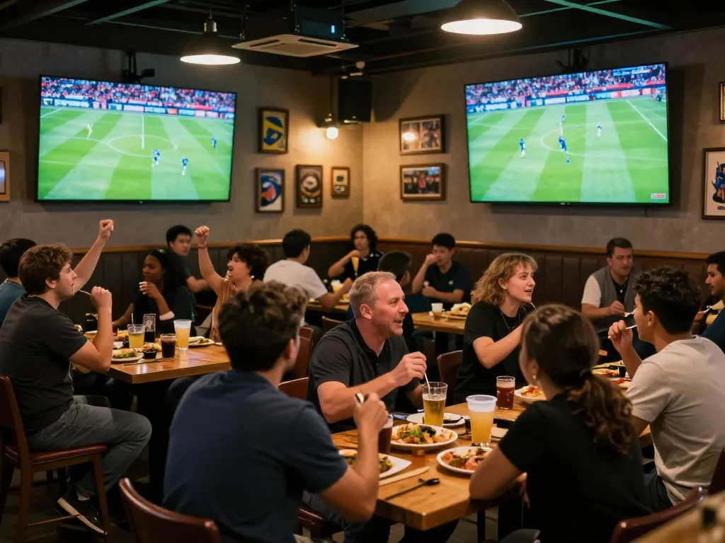 Xem truc tiep bong da with fans cheering in a lively sports bar during a match