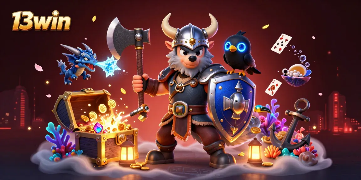 Engage with 13win’s exciting slots and jackpots featuring a Viking warrior and magic characters.