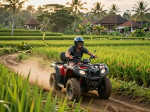 Bali tour packages featuring an exhilarating ATV adventure through jungles and rice fields, showcasing vibrant landscapes and excitement.
