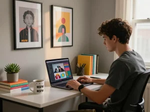 Young professional marking NSFW content in a stylish home office, with creative decor and warm natural light.