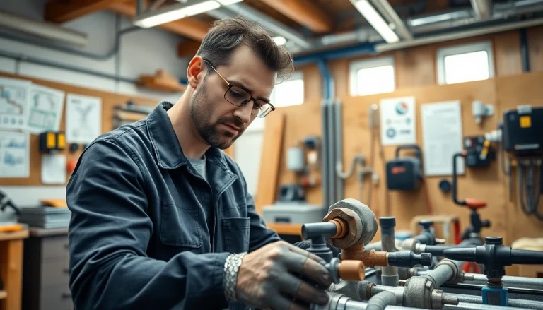 Engaged plumbing apprentice practicing skills in a training workshop setting.