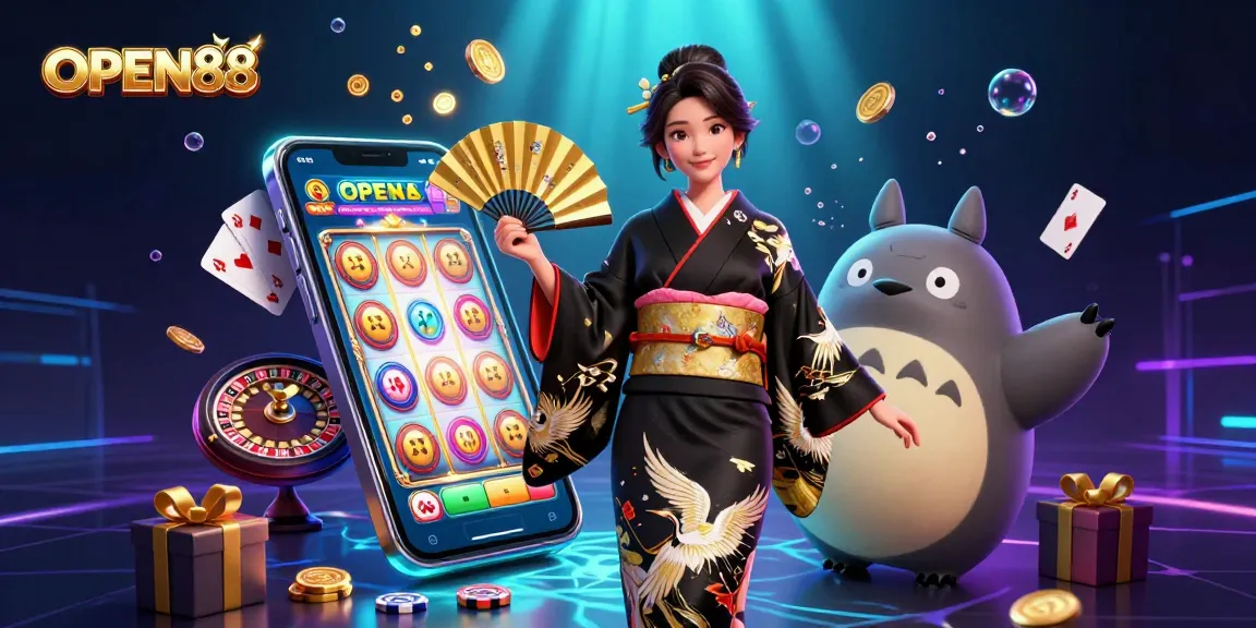 Experience thrilling gaming action at OPEN88 with an illustrated casino scene featuring slot games and more.
