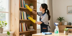 Expert cleaning service at putzinstitute bern with a professional cleaner dusting shelves