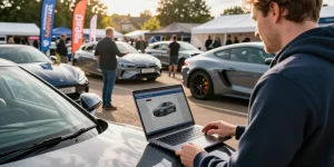 Conducting a car check UK outdoors with laptop displaying vehicle history report in vibrant marketplace.