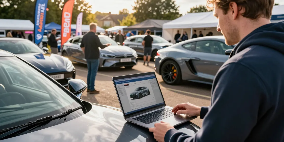 Conducting a car check UK outdoors with laptop displaying vehicle history report in vibrant marketplace.