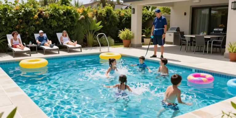 Dolphin Pool Services technician inspecting residential pool while family enjoys the sunny day.
