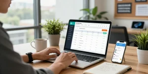 ServiceJan service booking dashboard in a professional workspace with laptop, smartphone updates, and scheduling tools.