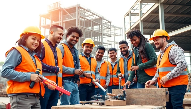 Contractor apprenticeship training session highlighting diverse apprentices using tools at a construction site.