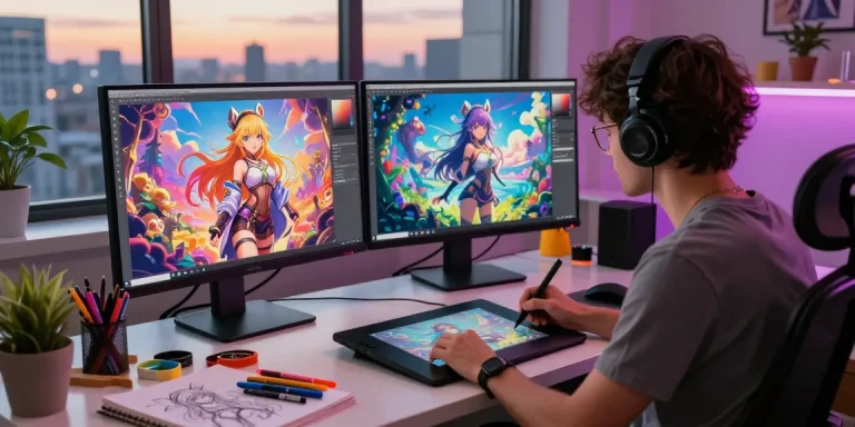 Creating AI ecchi art in a vibrant digital studio atmosphere with character designs and colorful materials.