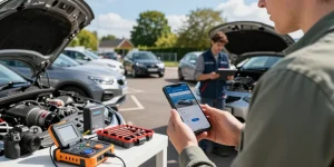Car check UK scene featuring a buyer using a phone app to inspect vehicle history before purchase.