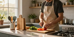 Home cook using the best titanium cutting board to chop fresh vegetables, surrounded by colorful kitchenware and natural light.