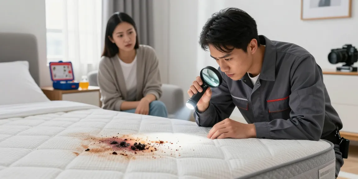 Detailed inspection for bed bug pest control by a technician in a modern home setting.