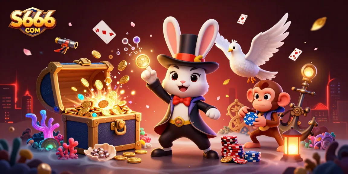 Experience the magic of S666 COM with a rabbit pulling golden coins and dynamic casino elements.