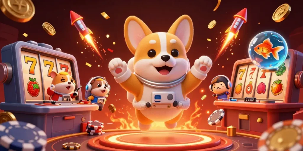 Experience the thrill of 88m gaming with a 3D cartoon scene featuring a floating astronaut corgi in a vibrant casino