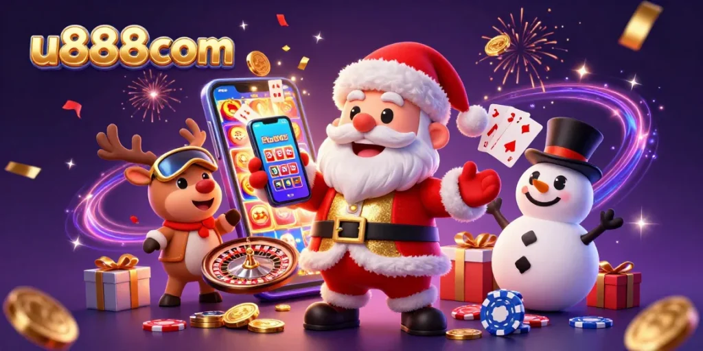 Experience thrilling slots at u888com with Santa Claus and lucky characters in a vibrant casino scene.