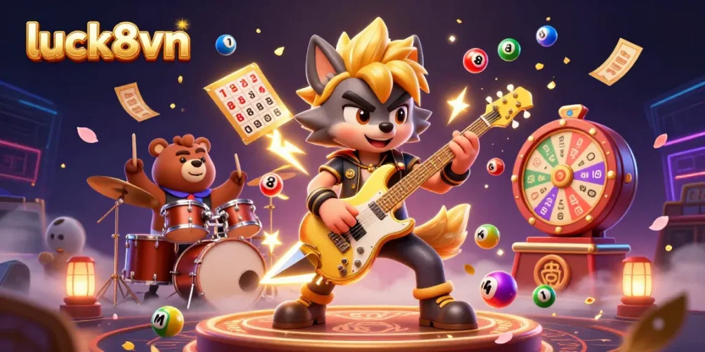 Play dynamic games at luck8vn with a vibrant 3D casino scene featuring rock star characters.