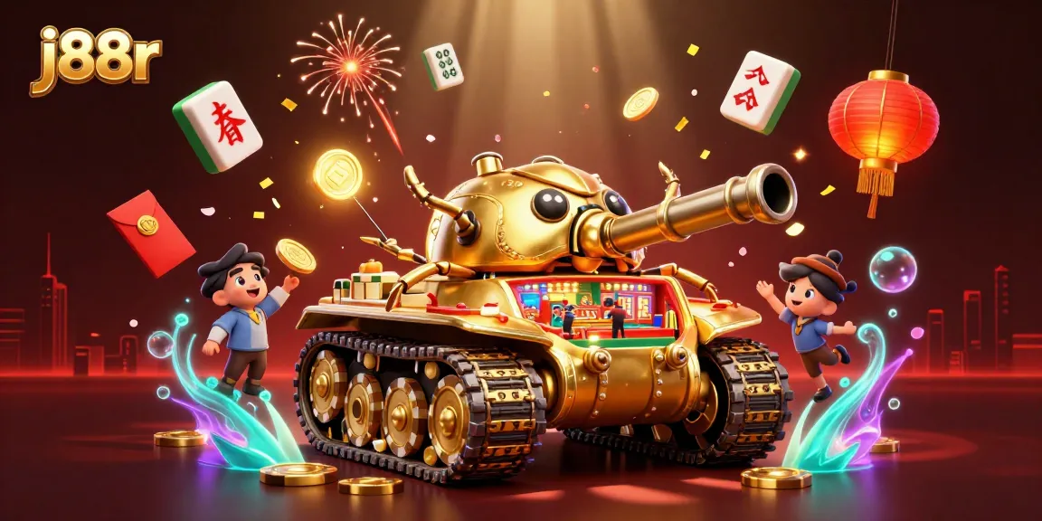 Play and win at j88r, a vibrant casino scene with a golden beetle tank and festive elements.