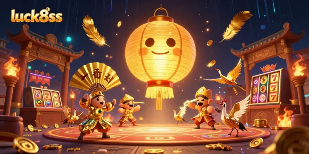 Experience luck8ss at a vibrant casino scene with golden lanterns and swirling game elements.