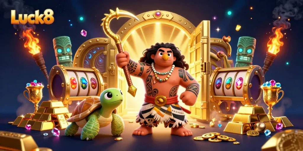Luck8 offers thrilling casino action with a Polynesian demigod and treasure scattered around.