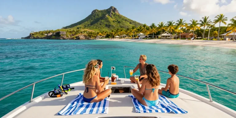 Punta Cana yacht rental experience on a luxury boat with family enjoying drinks and snorkeling gear in a tropical setting.
