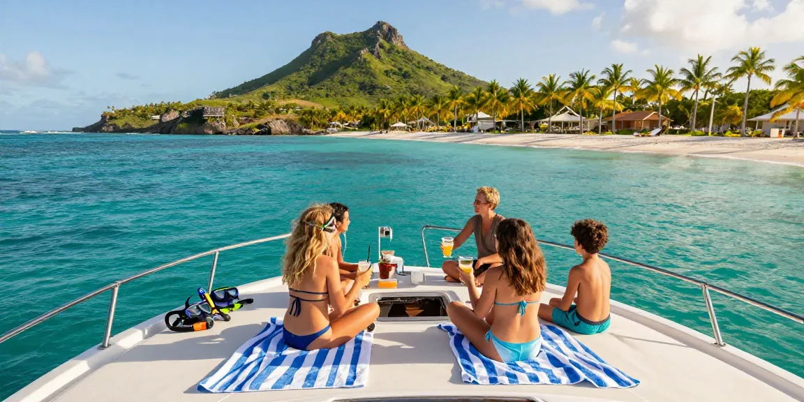Punta Cana yacht rental experience on a luxury boat with family enjoying drinks and snorkeling gear in a tropical setting.