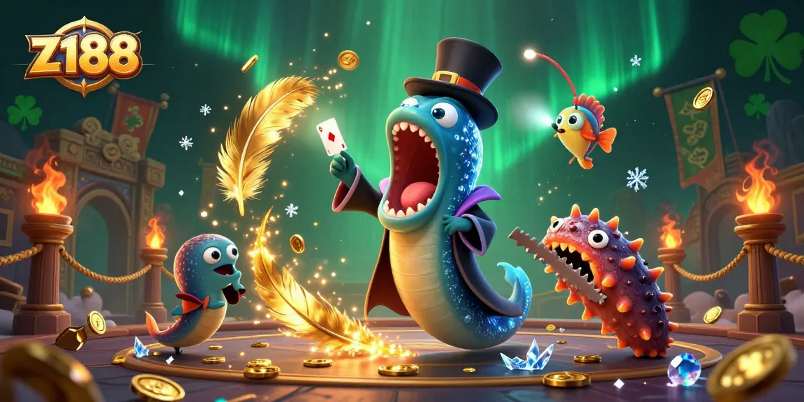 Engage with thrilling z188 experiences while a magical eel performs card tricks in a vibrant underwater casino scene.