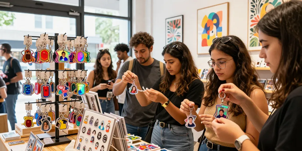 Vibrant scene of customers exploring custom acrylic keychains in a chic storefront, showcasing personalization and variety.