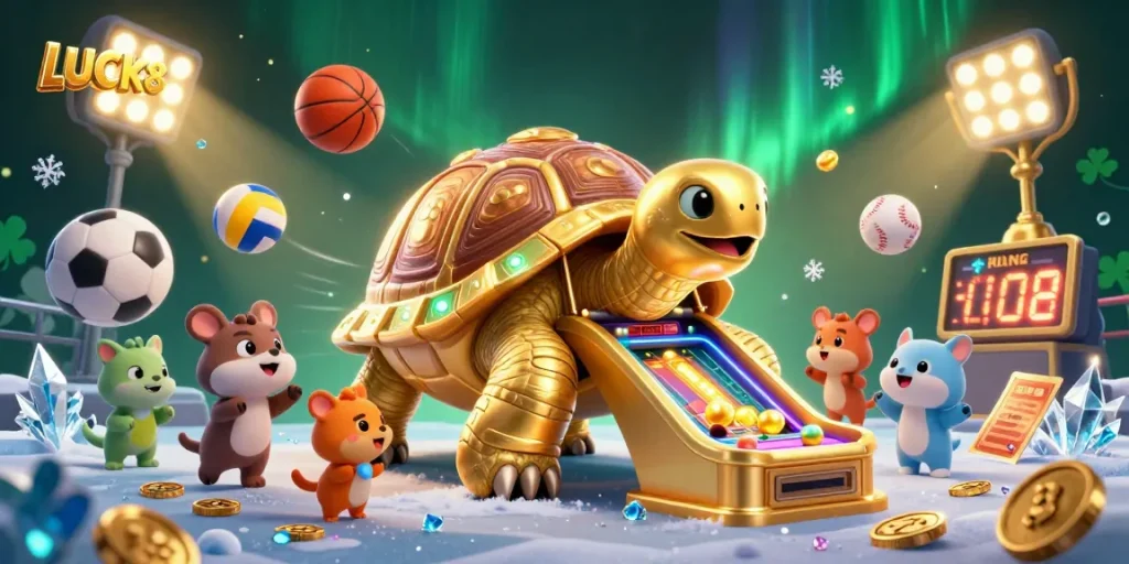 LUCK8 showcases thrilling gameplay with a colossal golden tortoise pinball machine, betting slips, and sports elements.