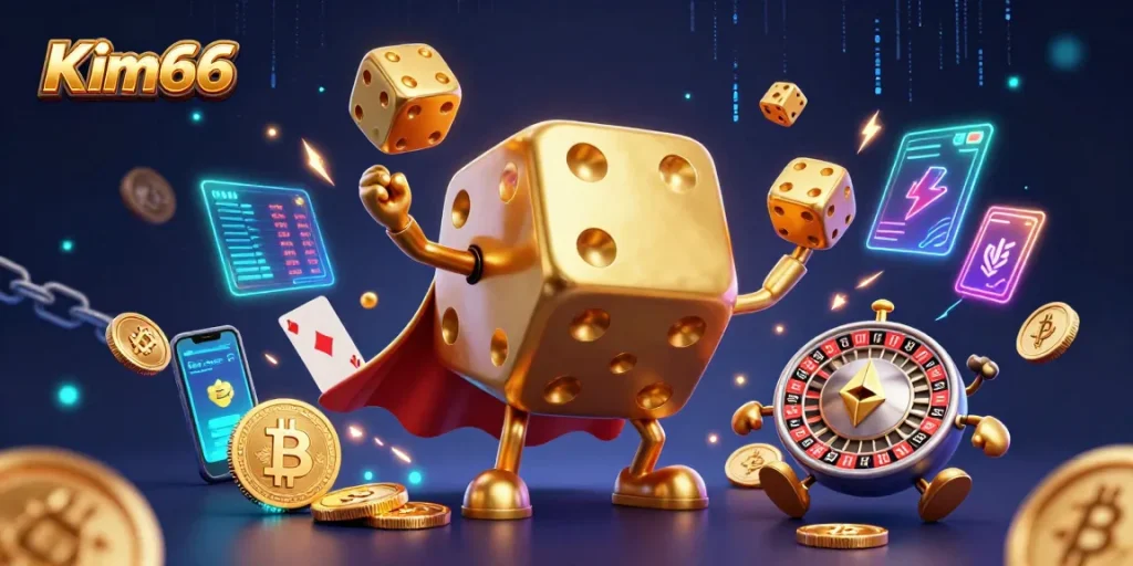 Kim66 showcases an exciting 3D scene with golden dice and cryptocurrencies, illustrating vibrant gaming action.