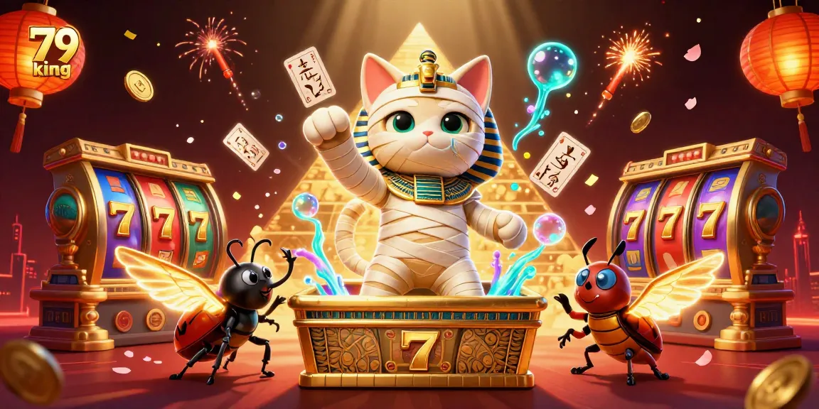 Spin and win with 79 king as the Egyptian mummy cat bursts from a golden sarcophagus in a lavish casino.