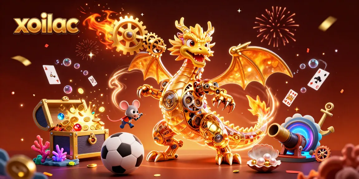 Xoilac sports betting excitement illustrated with a golden dragon amidst confetti and dynamic game elements.