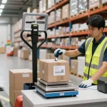 Worker using an electric pallet truck with scale and printer in a bright warehouse, ensuring accurate inventory management.