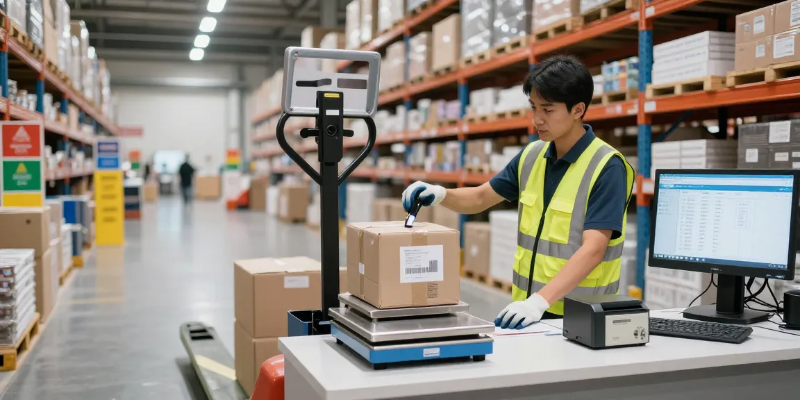 Worker using an electric pallet truck with scale and printer in a bright warehouse, ensuring accurate inventory management.