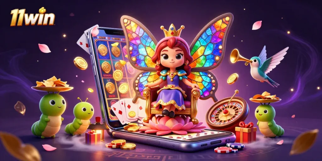 Experience the rich delights of 11win with vibrant casino elements in a captivating illustration.