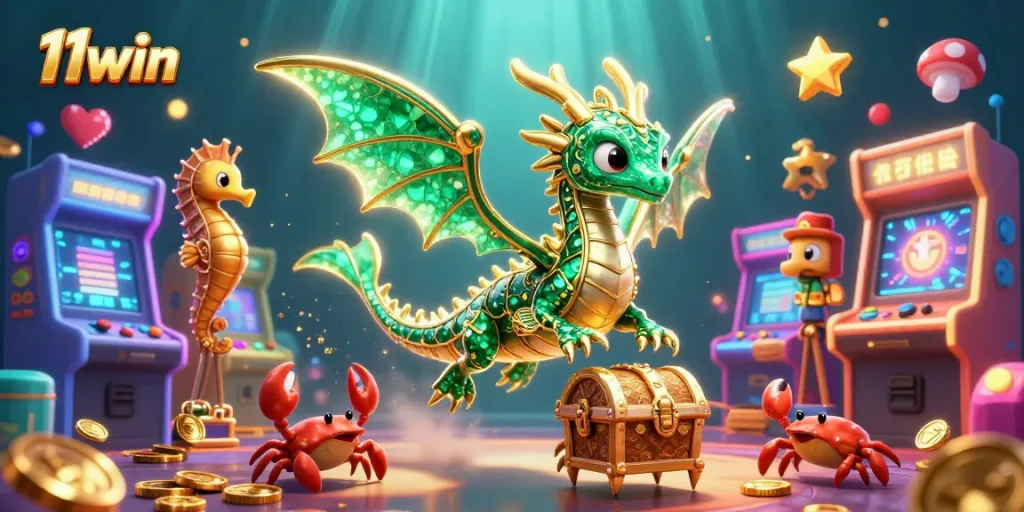 Engage with 11win's vibrant underwater casino scene featuring a sea dragon and illuminating treasures.