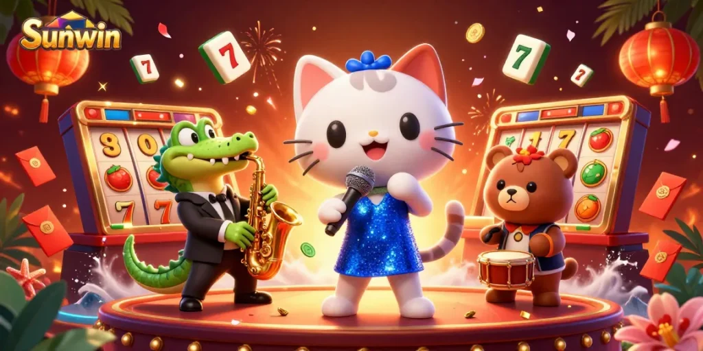 Experience the thrill of Sunwin with a dynamic casino scene featuring a singing cat and musical companions.